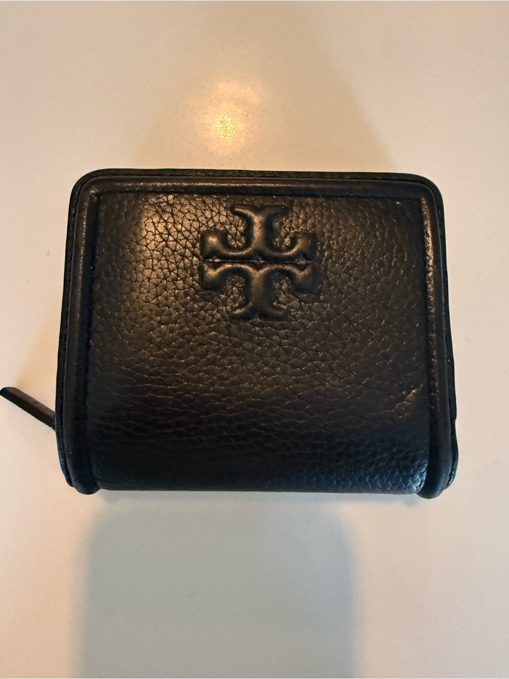 Tory Burch Black Pebbled Thea Leather Compact Bi fold Zip Wallet